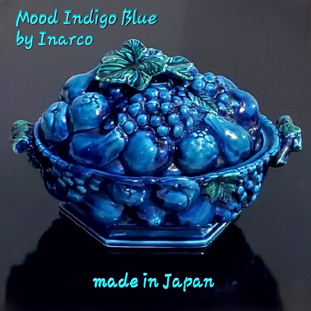 12 1/2" Mood Indigo Blue 1960s Glossy Ceramic Tureen & Lid by Inarco (Japan)
